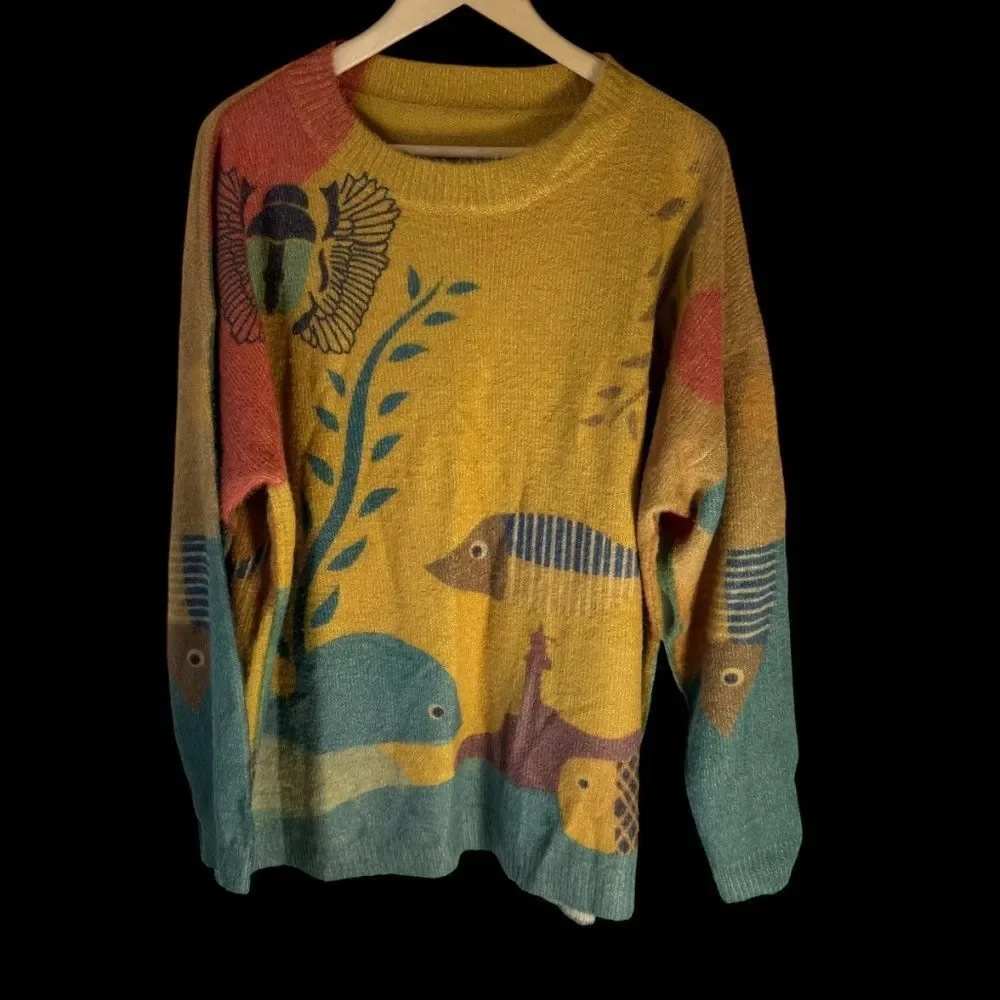Yesno Women's Cotton/Wool Blend Golden Yellow Graphic Print‎ Sweater One Size